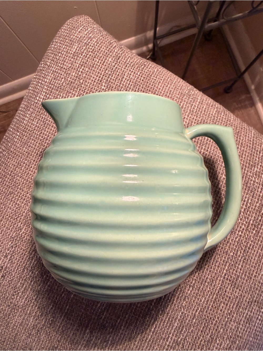 Over and Back Yellow Ware Ceramic Pitcher - Ribbed Round Design VINTAGE - Picture 3 of 7